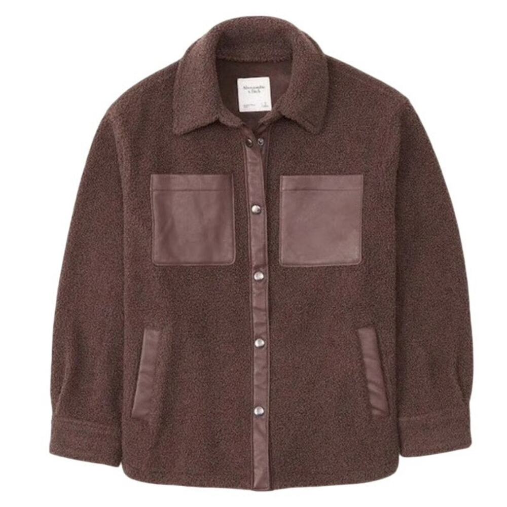 Abercrombie & Fitch Sherpa Jacket Elevated Trim Snap Front chocolate brown coat